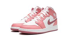 The Air Jordan 1 Mid GS “Valentine’s Day” is the youth sizing of the casual sneaker in a colorway inspired by the February holiday.  The shoe is complete with a white leather base contrasted with pink leather overlays.  A slightly darker shade of pink leather is used on the Swoosh logo on either side of the shoe.  A white “Wings” logo can be found on the collar and a Jumpman appears on the tongue tag.  Underfoot, a white rubber midsole and pink outsole complete the look.  Release date: March 21, Valentine Jordans, Cute Shoes Boots, 2023 Shoes, Air Jordan 1 Mid Gs, Pink Jordans, Sneakers Box, Kobe Shoes, Nike Shoes Girls, Preppy Shoes