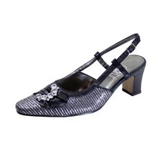 FLORAL Clea women's extra wide width round-toe slingback pumps complement well with any formal or fancy wardrobe. This ladies 2" mid-heel slingback features a rhinestone ornament on a metallic overlay for a sophisticated and stylish look. Its outsole is made of rubber materials for maximum surface grip to give you support on any special occasion. Features: Extra Wide Width (E) Synthetic Rubber Sole 2" Mid-Heel Slingback with Adjustable Buckle Maximum Traction Rubber Outsole Questions? Contact Us Fancy Wardrobe, Metallic Overlay, Rhinestone Ornaments, Metallic Shoes, Black Dress Shoes, Wide Width Shoes, Floral Shoes, Slingback Shoes, Rhinestone Bow