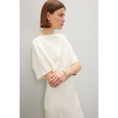 Off-white (100% Viscose). Casual dress. Short sleeves. Boat neck. Pull-on closure. 56.5" from shoulder to hemline. Imported. V-neck Modal Satin Dress With Bias Cut, Silk Satin Bias-cut V-neck Dress, Cream V-neck Bias Cut Dress, Elegant Bias-cut Viscose Maxi Dress, White V-neck Bias Cut Maxi Dress, Closet Designs, Boat Neck, Strappy Heels, Satin Dresses