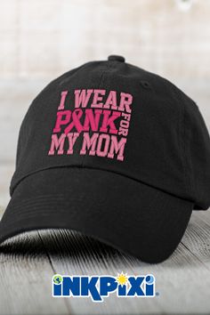 Display your devotion on a custom I Wear Pink hat. Add any name to this baseball-style cap for a thoughtful garment you are proud to wear. #inkpixi #personalizedgifts #customhats #personalizedhats #custom #personalized #breastcancer #Pink #mymom #cancer #breastcancerawareness #cancerwarrior #survivor #support #embroidery #style #fashion #headware #madeinUSA #smallbusiness #pinterest #gifts #personalizedgiftsforher #personalizedgiftsforhim Pinterest Gifts, Personalized Hats, Embroidered Hat, Personalised Gifts For Him, Awareness Shirt, Pink Hat, Fundraising Events, Personalized Gifts For Her, Embroidered Hats