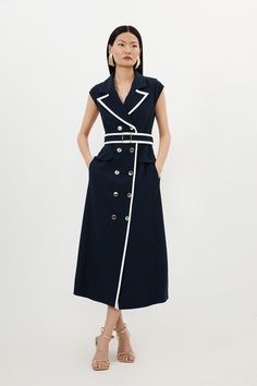 Compact Stretch Double Breasted Belted Tipped Midi Dress Long Flared Skirt, Plus Size Workwear, Summer Bridesmaid Dresses, Petite Business Casual, Ibiza Outfits, Navy Midi Dress, Skirt Style, Karen Millen, Flared Skirt