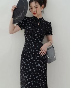 Short Sleeve Black Chinese Dress Summer - Weqipao Elegant Black Cheongsam For Spring, Elegant Black Short Sleeve Cheongsam, Black Stand Collar Evening Dress, Black Evening Dress With Stand Collar, Chic Black Dress With Stand Collar, Formal Black Fitted Cheongsam, Elegant Fitted Black Cheongsam, Black Fitted Formal Cheongsam, Fitted Black Cheongsam For Evening