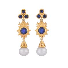 Blue Sapphire & Pearl Vermeil 14K Gold Over Sterling Silver Earring 925 Silver = 5.60 gm. Blue Sapphire & Pearl= 7.00 ct. Blue Sapphire is the birthstone for September and is a symbol of heaven. Pearl is the birthstone for June and is a symbol of good fortune and strength. The beautiful earring measures to be 1.90 inches long and 0.50 inches wide at its maximum points. The earrings have been made by a team of highly trained and skilled artisans. What is Vermeil 14K Gold? It is a thick layer of 1 Blue Pearl Earrings For Anniversary Fine Jewelry, Blue Pearl Earrings For Anniversary, Sapphire Earrings With Multiple Jewels, Sapphire Earrings With 17 Jewels For Gift, Classic Blue Pearl Drop Earrings, Fine Jewelry Blue Pearl Drop Earrings, Blue Round Pearl Earrings For Anniversary, Blue Pearl Drop Earrings Fine Jewelry, Blue Gemstone Gold Plated Earrings