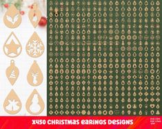 christmas earrings designs are shown in gold and green