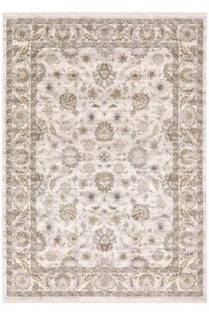 an ivory and beige rug with floral design on the bottom, in front of a white background