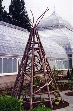 a tall wooden structure sitting in the middle of a garden next to a building with many windows