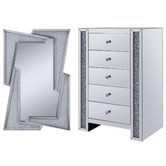 a white dresser and mirror next to each other