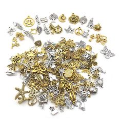 many different types of charms on a white surface with one being gold and the other is silver