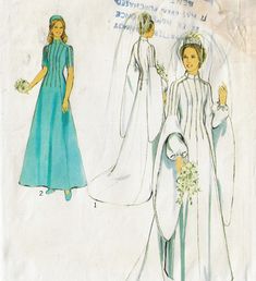 two women in wedding gowns, one wearing a veil