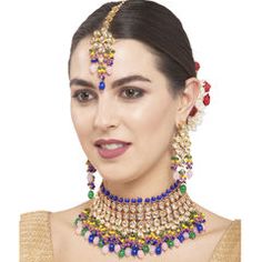 Gold Rodium Polish Blue color Necklace in Metal Alloy studded with CZ Diamond, Kundan Jeweled Bridal Necklace For Celebration, Multicolor Jeweled Kundan Necklace For Party, Multicolor Stones Jewelry For Celebrations, Multicolor Stone Jewelry For Celebration, Metal Jeweled Necklaces For Celebration, Celebration Jeweled Metal Necklaces, Festive Multicolor Jewelry With Stones, Celebration Metal Jeweled Necklaces, Festive Jewelry With Stones