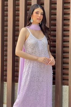 Lavender strappy kurta with chikankari embroidered floral and paisley motifs on an ombre base and lace borders. Comes with matching solid palazzo and dupatta. - Aza Fashions Summer Sleeveless Dresses With Sheer Dupatta, Sleeveless Summer Dress With Sheer Dupatta, White Sleeveless Designer Dress, Semi-stitched Sleeveless Dress With Chikankari Embroidery, Summer Purple Dress With Dupatta, Elegant Summer Dupatta With Cutdana, Elegant Cutdana Dupatta For Summer, Elegant Summer Cutdana Dupatta, White Self Design Summer Dress