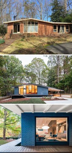 before and after photos of a mid century modern house in the woods, then on the outside