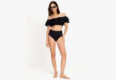 Swim sunbathe or strut to the snack bar in our ruffled off-the-shoulder top. | Kate Spade Ruffle Off-The-Shoulder Bikini Top, Black - XS Chic Off-shoulder Ruffled Swimwear, Chic Off-shoulder Swimwear For Beach Season, Summer Off-shoulder Swimwear With Ruffles, Off-shoulder Black Swimwear For Beach Season, Black Off-shoulder Swimwear For Beach Season, Off-shoulder Ruffled Swimwear For Summer, Chic Off-shoulder Swimwear For Beach, Chic Black Off-shoulder Swimwear, Off-shoulder Ruffled Swimwear For Beach Season