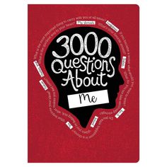 a red notebook with the words 300 questions about me written in white on it, and an image of a person's head