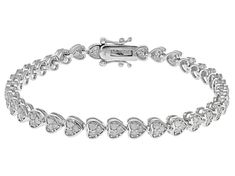 2.00ctw round white diamond, rhodium over sterling silver heart tennis bracelet. Measures approximately 3/16"W and has a hidden box clasp closure. Silver Heart-shaped Tennis Bracelet For Valentine's Day, Silver Heart Tennis Bracelet For Valentine's Day, Silver Heart-shaped Diamond Bracelet With Accents, Silver Heart Shaped Diamond Bracelet With Accents, White Gold Heart Bracelet With Diamond Accents, Silver Heart Diamond Bracelet, Silver Heart Shaped Diamond Bracelet, Valentine's Day White Gold Tennis Bracelet With Cubic Zirconia, Valentine's Day White Gold Cubic Zirconia Tennis Bracelet