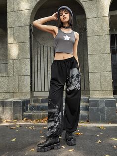 Free Returns ✓ Free Shipping✓. ROMWE Grunge Punk Skull Graphic Sweatpants, School- Women Sweatpants at SHEIN. Punk Loungewear, Goth Sweatpants, Goth Joggers, Gothic Sweatpants, Punk Outfits For Women, Grunge Bottoms, Grunge Athleisure, Grunge Punk Outfits, Graphic Joggers