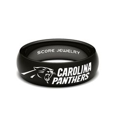 Black Tungsten Band with Domed Edge NFL Football Carolina Panthers Logo II Ring Classic Black Customizable Jewelry, Customizable Black Promise Jewelry, Customizable Black Wedding Jewelry, Customizable Black Rings For Gifts, Black Engraved Promise Ring, Black Adjustable Engraved Promise Ring, Adjustable Black Engraved Round Ring, Football Rings, Carolina Panthers Logo