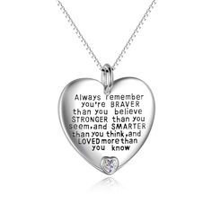 PRICES MAY VARY. ✿Heart Shape Style with One Shinning Cubic Zirconial Pendant Necklace Engraved Word" Always Remember You're braver than you believe, stronger than you seem, and smarter than you think and LOVED more than you know "a perfect gift for someone special! ✿ MATERIAL: Nickel-free,Lead-free Hypoallergenic 925 sterling silver allows for comfortable wear,especially for those with sensitive skin ✿ NECKLACE SIZE: , Heart pendant size:23.5 mm*21 mm,with Box chain 0.8 mm Width, 45.3mm (18") l Always Remember You, Stronger Than You, Jewelry Pendant, Always Remember, Inspirational Gifts, Heart Pendant, 925 Sterling Silver, Pendant Necklace, Sterling Silver