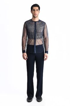 Pacific blue shirt with placement marrakesh embroidery using crystals and sequins. - Aza Fashions Men Shirts Casual, Rahul Khanna, Using Crystals, Sequin Shirt, Blue Tulle, Men Shirts, Pacific Blue, Embroidered Shirt, Blue Shirt