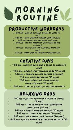 Sure! Here's a short description of a morning routine:  ---  **Morning Routine Description:**  Start your day with a gentle wake-up, ideally around 6:30 AM. Begin with some light stretching or yoga to wake up your body and mind. Follow this with a refreshing shower. Afterward, enjoy a nutritious breakfast, such as oatmeal with fruits or a smoothie. Spend a few minutes journaling or meditating to set a positive tone for the day. Starting A Self Care Routine, Setting A Routine, Ideas For Morning Routine, Create Daily Routine, Beginner Morning Routine, Rest Day Activities, Energizing Morning Routine, Creating A Routine For Yourself