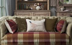 a couch with some pillows on it in front of a book shelf and window sill