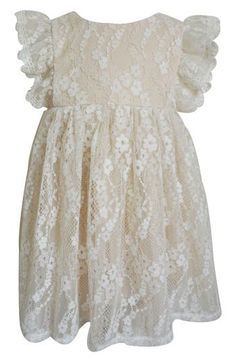 A breezy cotton lining keeps baby cozy no matter what the day brings when they wear this pretty dress with ruffled shoulders and a lacy overlay. Cotton lining 97% nylon, 3% polyester Dry clean Imported Summer Lace Dress With Lace Bodice For Dress-up, Spring Lace Dress With Lace Bodice For Dress-up, Summer Lace Dress With Lace Bodice, Scalloped Lace Dress For Dress-up Events, Lace Dress With Lace Trim For Dress-up Occasions, Party Dress With Flutter Sleeves And Lace Trim, Summer Formal Lace Dress With Lace Bodice, Ruffled Lace Dress For Garden Party, Garden Party Lace Dress With Ruffles