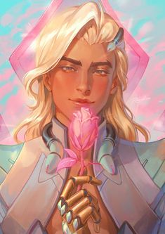 a woman with blonde hair holding a pink flower