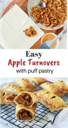 apple turnovers with puff pastry cut in half and on cooling rack next to bowl of fruit