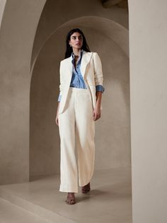 Luxurious linen - with its incredible ability to maintain a cool, crisp composure - comes to life in this beautiful high-rise pant with a tuxedo stripe and polished pressed crease.  WIDE-LEG FIT: High-rise (9").  Straight through the hip and thigh wi Linen Tuxedo, Traditional Tuxedo, Tuxedo Pants, High Rise Pants, Luxury Linen, Side Stripe, Wide Leg Pants, Fashion News, Banana Republic