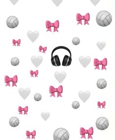 headphones with pink bows and volleyball balls in the air, surrounded by white hearts