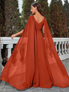 Orange Gown Aesthetic, Orange Dress Aesthetic, Dark Orange Dress, Gown Aesthetic, Orange Gown, Idee Cosplay, Formal Dresses With Sleeves, Cape Sleeves, Dress Aesthetic