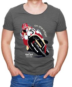 "Unique retro T-Shirt design \"On the edge motorcycle racing\" Designed by Caro @ Glassyard Speedshop Printed using latest DTF process 100% cotton  Printed in England Wash & iron inside out. Do not tumble dry" Racing Graphic Print T-shirt For Motorcycling, Racing Design, Grey T Shirt, Retro T Shirt, Motorcycle Racing, Retro Tshirt, Red And Grey, On The Edge, Gray Tshirt