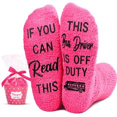 PRICES MAY VARY. SCHOOL BUS DRIVER SOCKS: Dark pink fuzzy bus driver socks that say it all - "IF YOU CAN READ THIS, THIS BUS DRIVER IS OFF DUTY". These socks are soft, moisture-wicking, and provide excellent comfort, wrapping your feet in cozy warmth. SIZE & MATERIAL: These fuzzy socks are made of plush coral fleece, providing ultimate comfort and warmth. Designed to fit women's shoe sizes 6-10. Our fuzzy socks also feature black non-slip soles, ensuring your safety on wood and tile floors. CUPC Playful Pink Socks For Gift, Playful Pink Socks For Gifts, Comfortable Non-slip Socks For Gift, Comfortable Non-slip Socks As Gift, Fun Pink Socks For Stocking Stuffers, Pink Winter Socks For Gift, Pink Winter Socks As Gift, Pink Winter Socks For Gifts, Soft Pink Socks For Gift