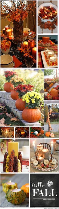 a collage of photos with pumpkins, candles and other autumn decorating items