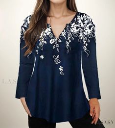 Lasaky - Printed Collar Long-Sleeve Shirt Navy Short Sleeve Tops For Fall, Long Sleeve Navy Blouse For Fall, Navy Long Sleeve Blouse For Fall, Fall Navy V-neck Tops, Spring Navy Crew Neck Shirt, Navy Crew Neck Shirt For Spring, Navy Casual Blouse For Fall, Casual Navy Blouse For Fall, Navy Long Sleeve Blouse For Summer