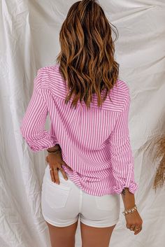 Rose Striped Pocketed Buttons Long Sleeve Shirt Long Sleeve Shirt Women, Women Tops, Shirt Women, Long Sleeve Shirt, Sleeve Shirt, Types Of Sleeves, Bell Sleeve Top, Shirt Blouses, Ruffle Blouse