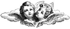 two angels with their heads in the clouds, vintage line drawing or engraving stock illustration