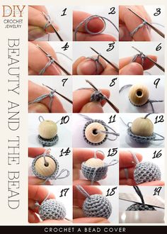 instructions to crochet an acorn bead cover with yarn and wood beads