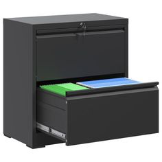 an office filing cabinet with two drawers and file folders in the bottom drawer open