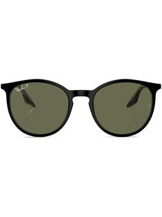 black acetate round frame green tinted lenses logo lettering straight arms curved tips These glasses come with a protective case.