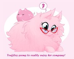 a pink dog with glasses and a cat sleeping on it's back, says tuffles seems to really enjoy her company