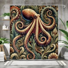 an octopus shower curtain is shown in this bathroom