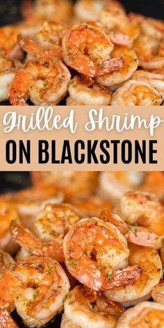 grilled shrimp on blackstone with text overlay