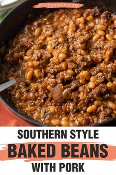 southern style baked beans with pork in a skillet