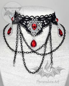 Red Royal Necklace With Black Lace and Rhinestones Plus Draped - Etsy Bulgaria Red Gothic Jewelry With Chain, Gothic Red Jewelry With Chain, Red Gothic Chain Necklace, Gothic Red Necklace With Chain, Gothic Red Chain Jewelry, Gothic Red Chain Necklace, Red Gothic Jewelry For Party, Elegant Red Jewelry For Halloween, Gothic Red Jewelry For Halloween