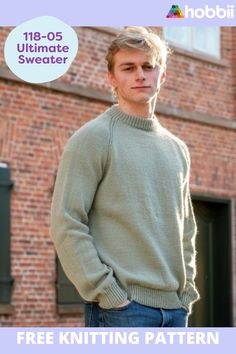 a man standing in front of a brick building with the text free knitting pattern on it