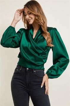 surplice balloon sleeve top - RK Collections Boutique Satin Top Outfit Classy, Jewel Tone Outfits, Satin Top Outfit, Green Satin Top, Green Top Outfit, Christmas Party Tops, Fishnet Crop Tops, Satin Clothes, Victoria Fashion