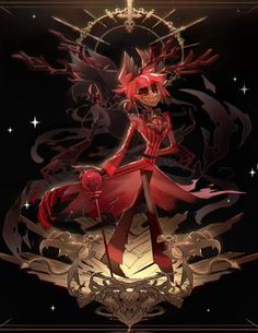 an anime character is standing in front of a black background with red and gold accents