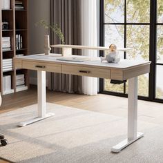 an office desk with a book shelf and bookshelf in front of the window