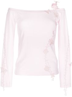 light pink knitted construction ribbed trim floral appliqué off-shoulder long sleeves straight hem Elegant Fine Knit Long Sleeve Top For Spring, Elegant Long Sleeve Tops With Floral Applique, Pink Fine Knit Tops For Spring, Spring Feminine Fine Knit Sweater, Spring Fine Knit Feminine Sweater, Elegant Floral Embroidered Tops For Winter, Blumarine Top, Applique Top, Floral Rosa